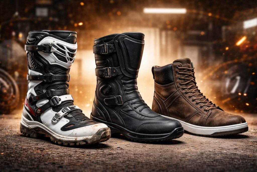 botas de motociclismo de diferentes estilos: off-road, touring e urbano lado a lado