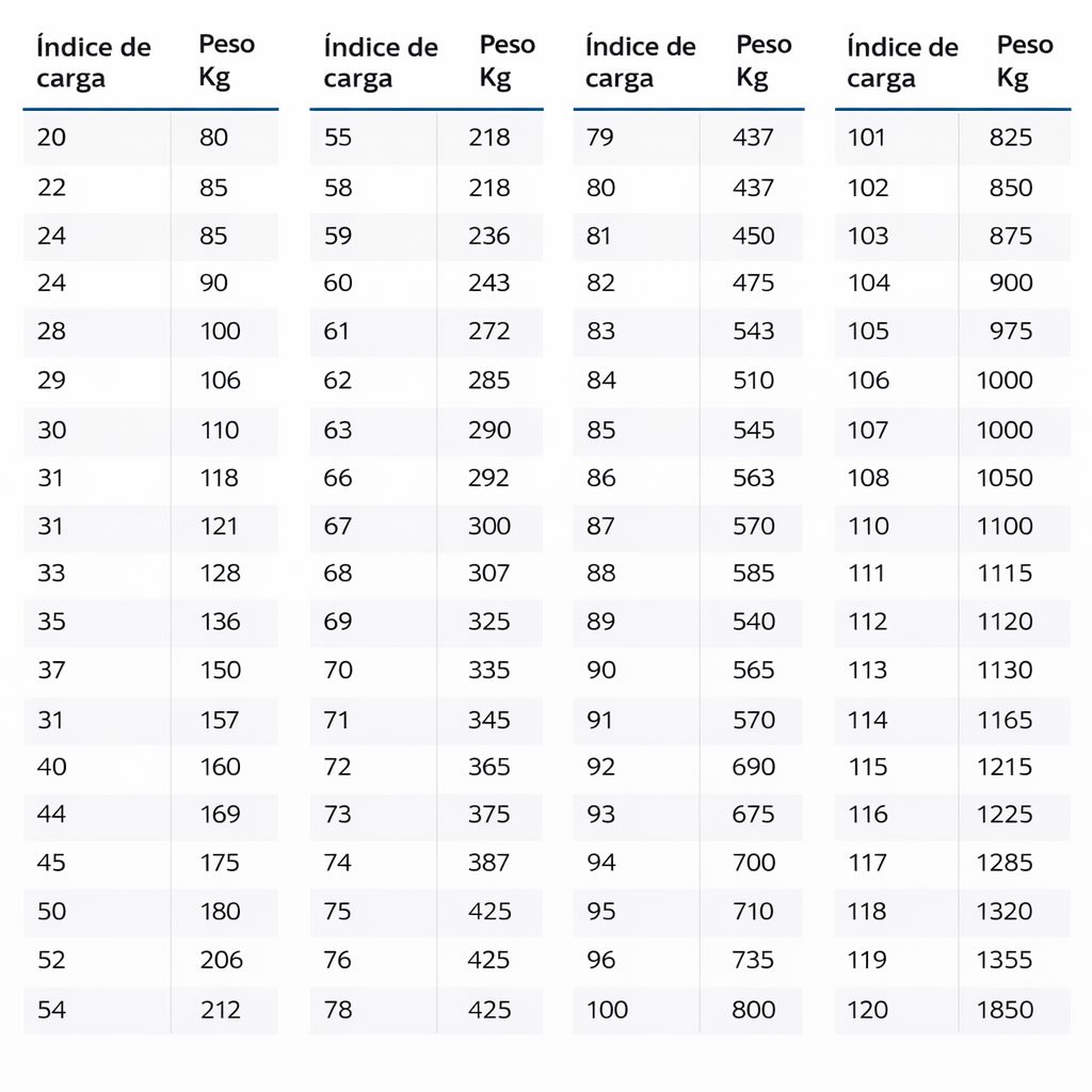 índice de carga dos pneus de mota tabela completa com pesos em kg